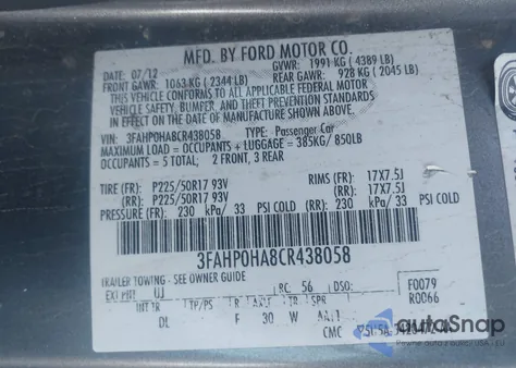 2012 Ford Fusion Se z USA, uszkodzony, nr VIN 3FAHP0HA8CR438058